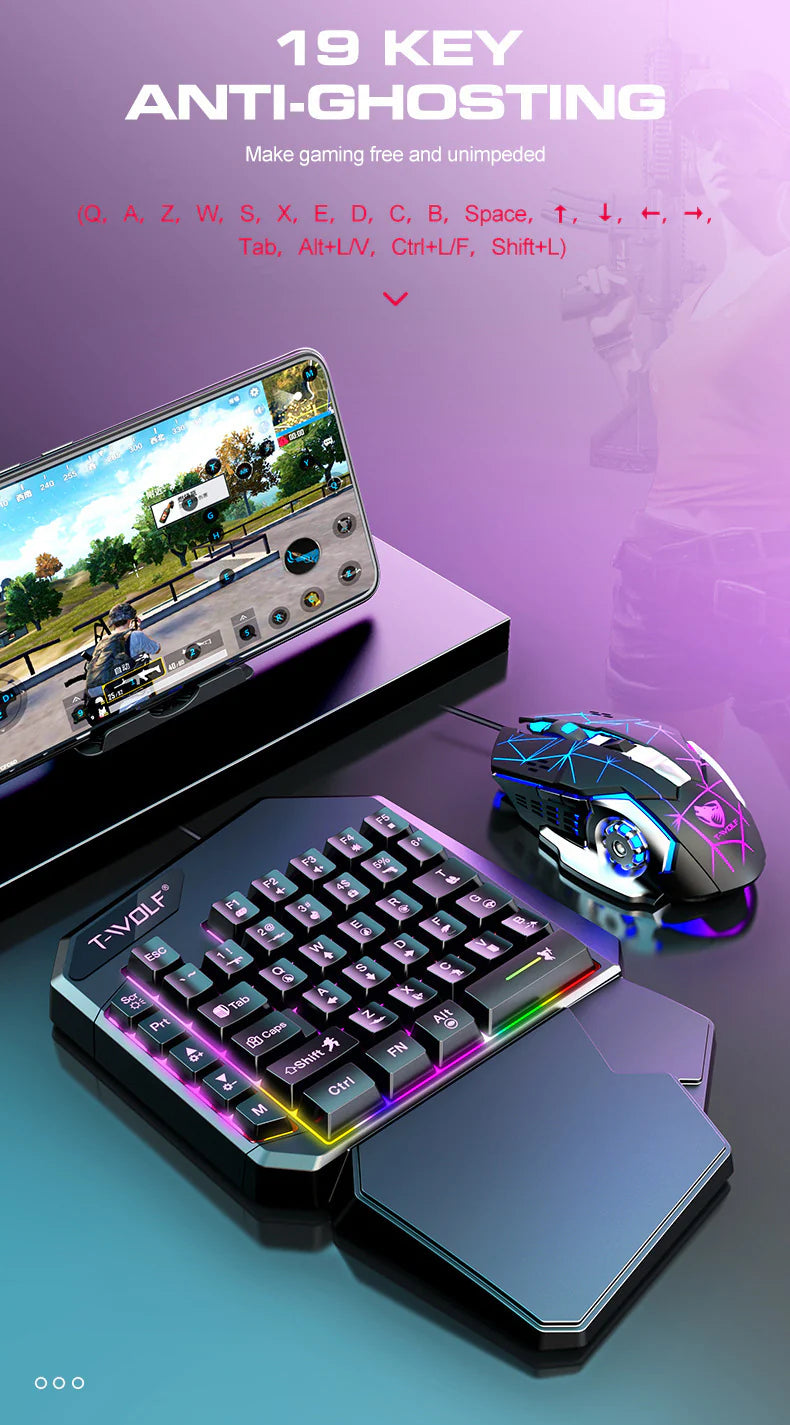 Half Handed RGB Gaming Keyboard and Backlit Mouse Combo, Universal 4 in 1 Mobile Gaming Combo Pack