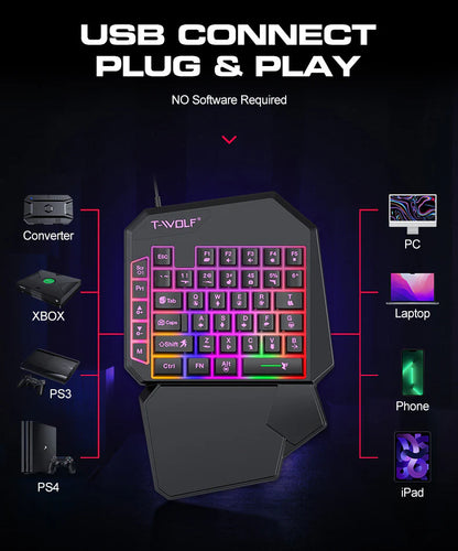 Half Handed RGB Gaming Keyboard and Backlit Mouse Combo, Universal 4 in 1 Mobile Gaming Combo Pack