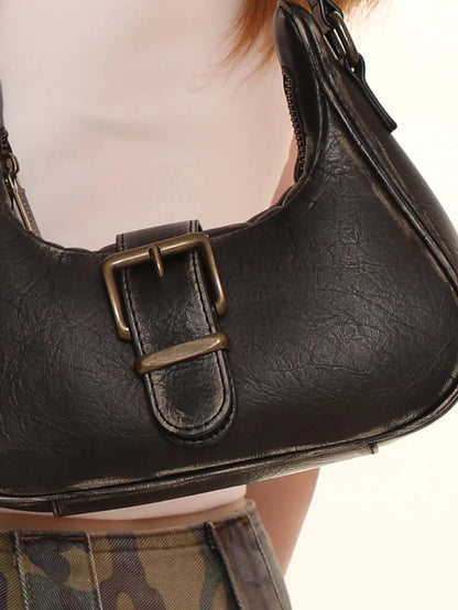 Vintage  Tanned Brushed Distressed Leather Pin Buckle Shoulder Bag