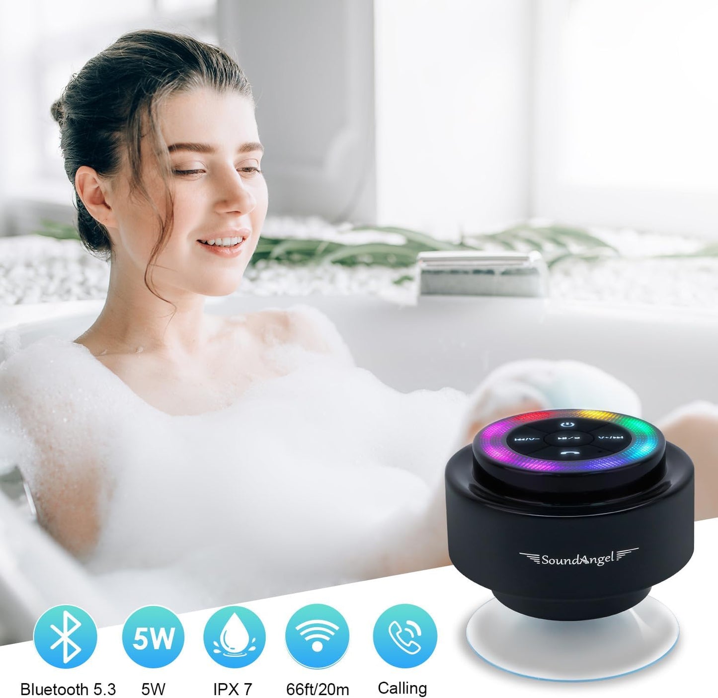 Shower Speaker Waterproof | Bluetooth Wireless Speaker with Lights| Suction Cup and Mic for Bathroom