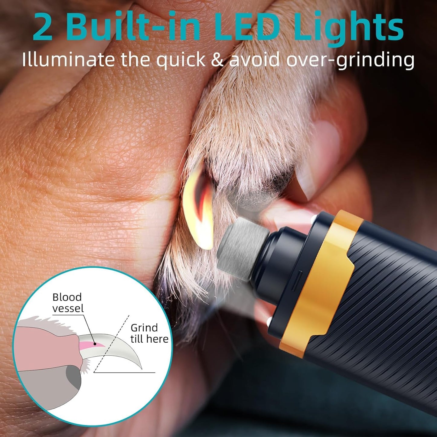 Dog Nail Grinder Quiet, 3 Speed Dog Nail Trimmers with 2 LED Lights, Electric Pet Nail File