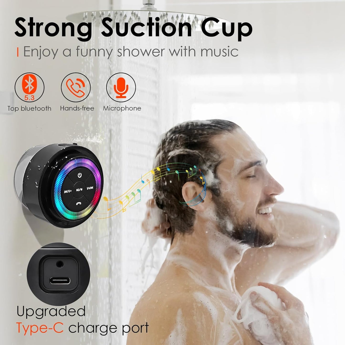 Shower Speaker Waterproof | Bluetooth Wireless Speaker with Lights| Suction Cup and Mic for Bathroom