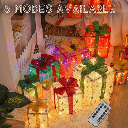 Christmas Lighted Gift Boxes, Set of 3 Christmas Decorations with Remote & 8 Lighting Modes