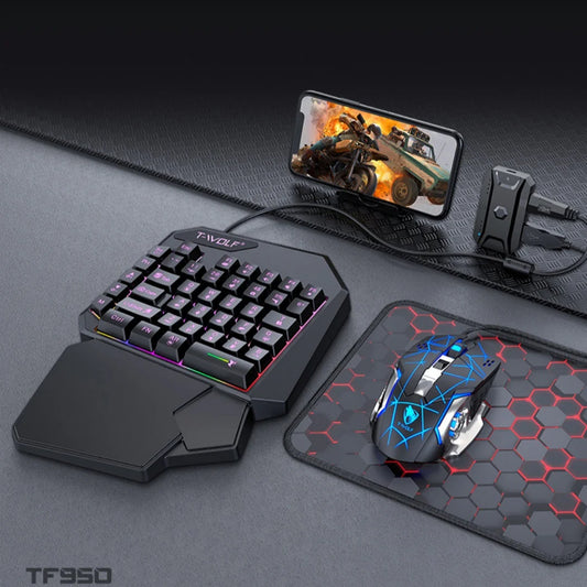 Half Handed RGB Gaming Keyboard and Backlit Mouse Combo, Universal 4 in 1 Mobile Gaming Combo Pack